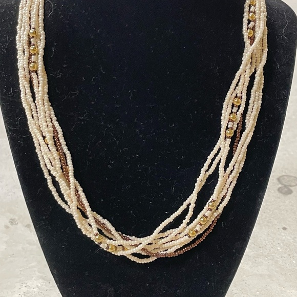 Vintage Glass Beads Twisted white bronze necklace classic MCM Traditional - Picture 2 of 4